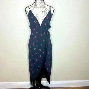 Farm Rio Anthropologie Black and red roses fringe wrap dress Size XS NWT